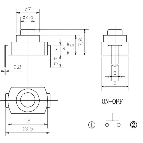Міні-кнопковий вимикач 30 В, 0.5 А, 12*8 мм чорний загнуті контакти 1663884292 фото
